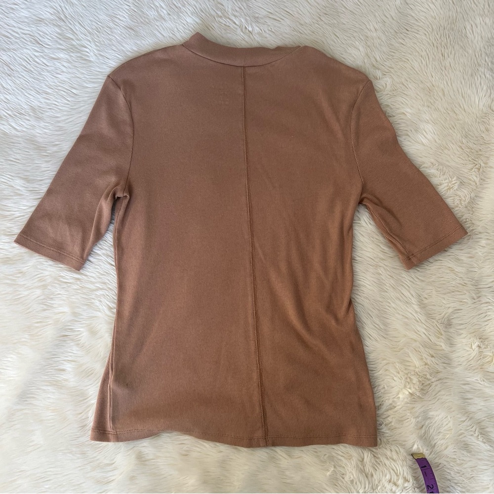 Mock Neck Ribbed Tee in Camel Color - Picture 4 of 5